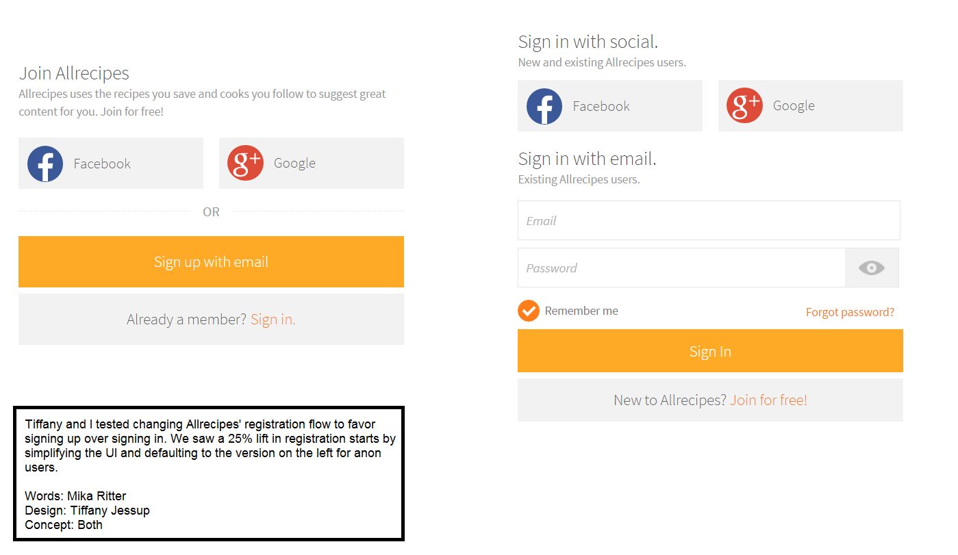 Allrecipes Join Allrecipes vs Sign In registration flow comparison