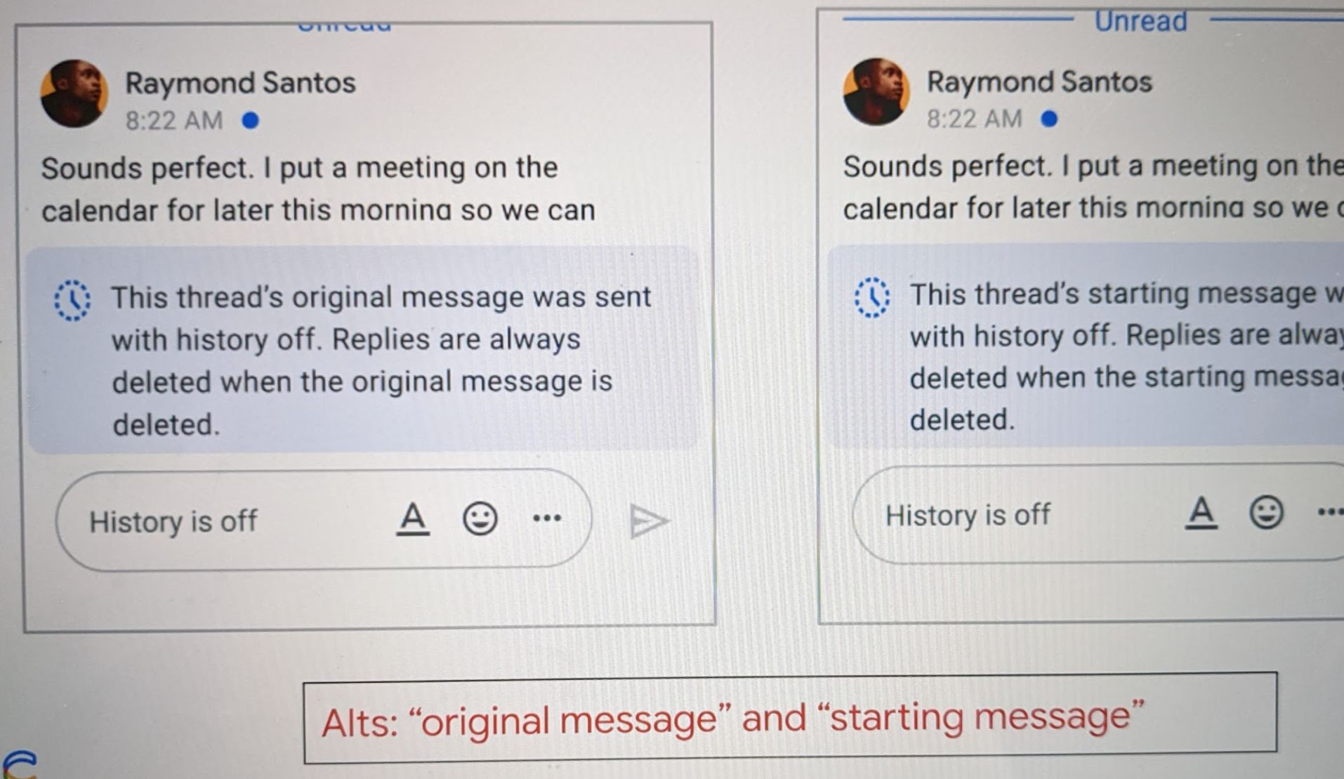 Alts comparison: original message vs starting message