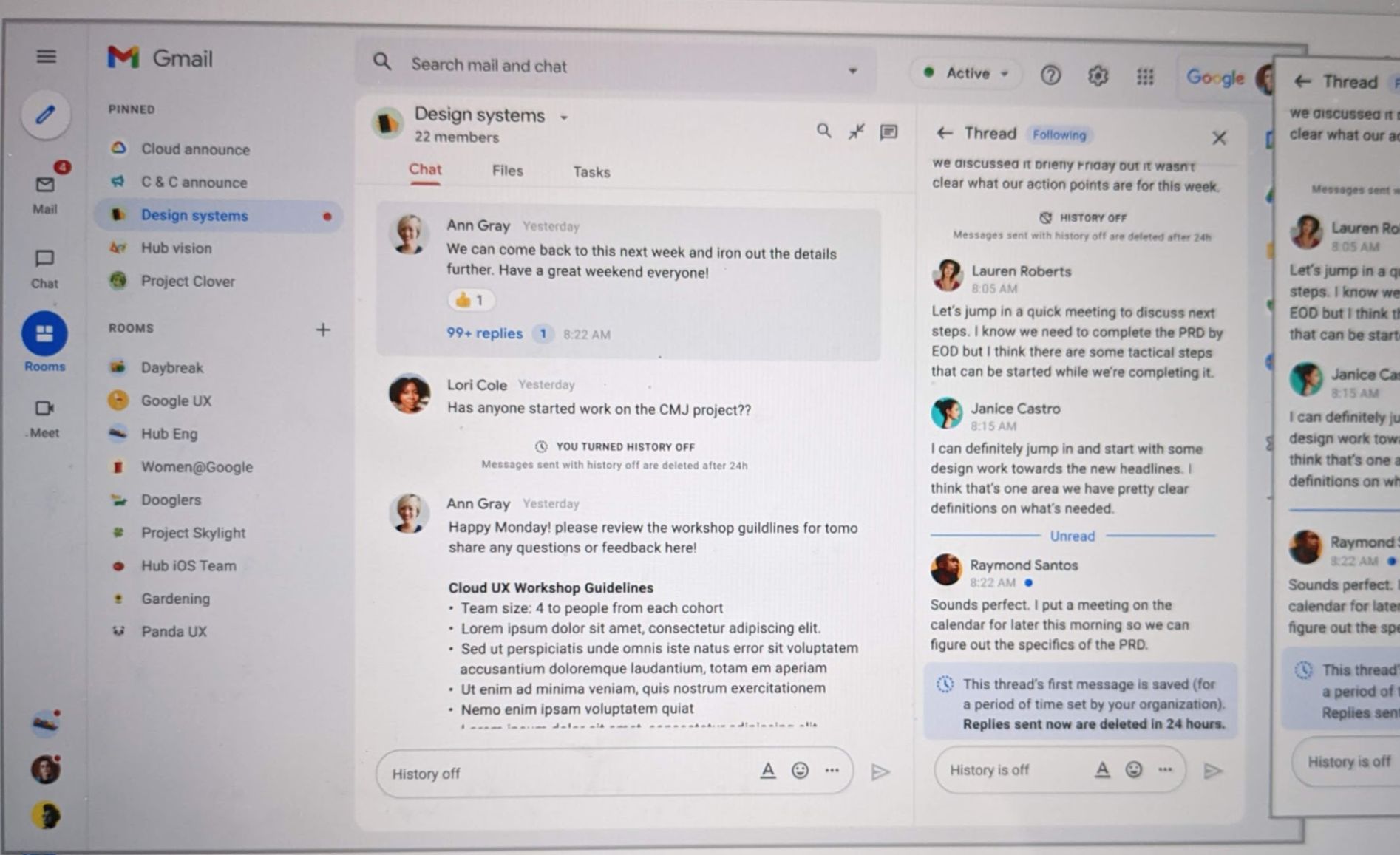 Google Chat Threading and History Addendums UI in Gmail