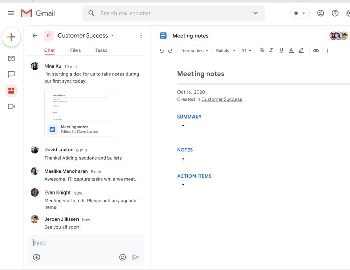 Gmail Hub Integrated Workspace UI showing Mail, Chat, Rooms, and Meet