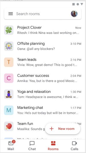 Gmail Hub mobile Rooms tab showing Mail, Chat, Rooms, Calls navigation