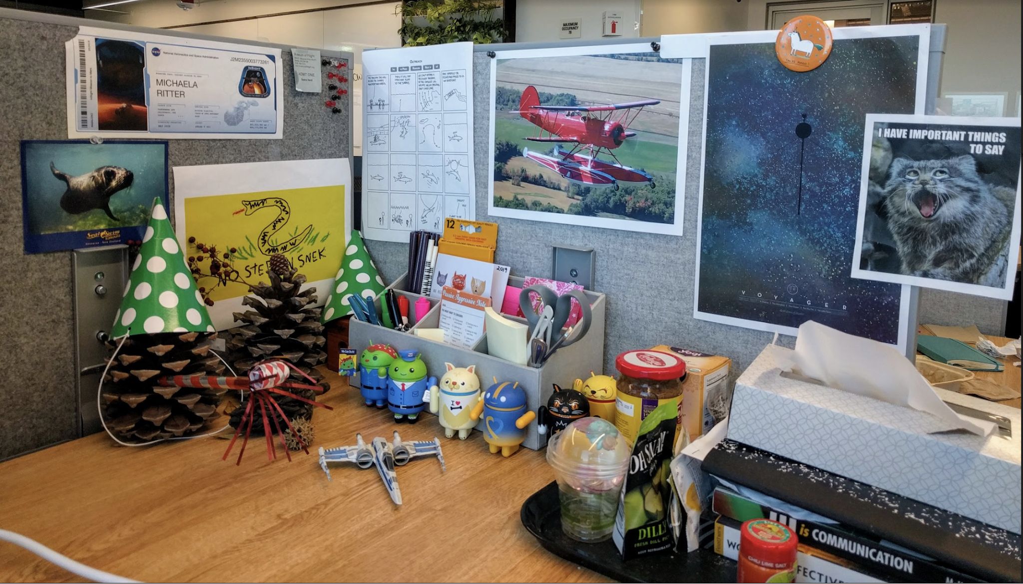 Mika Ritter's desk at Google with Android figurines, airplane poster, and cat sign